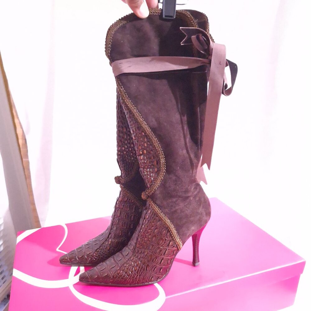 Promiscuous Brown Leather Spike Knee High Boot w/Bow Women Size 6 M